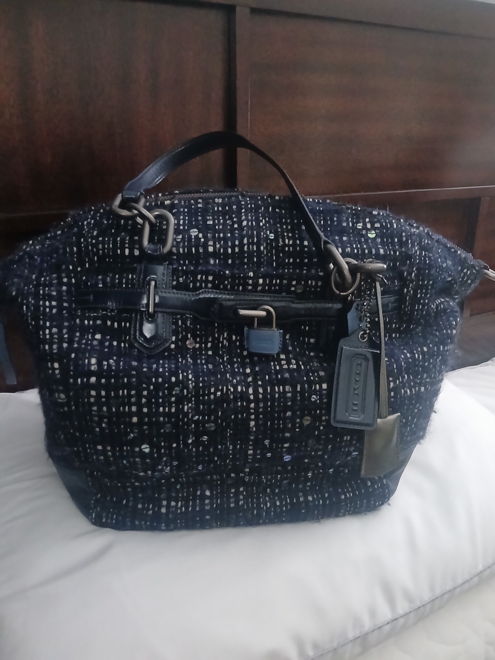 Coach Black and Navy Tweed Satchel with Leather Accents
